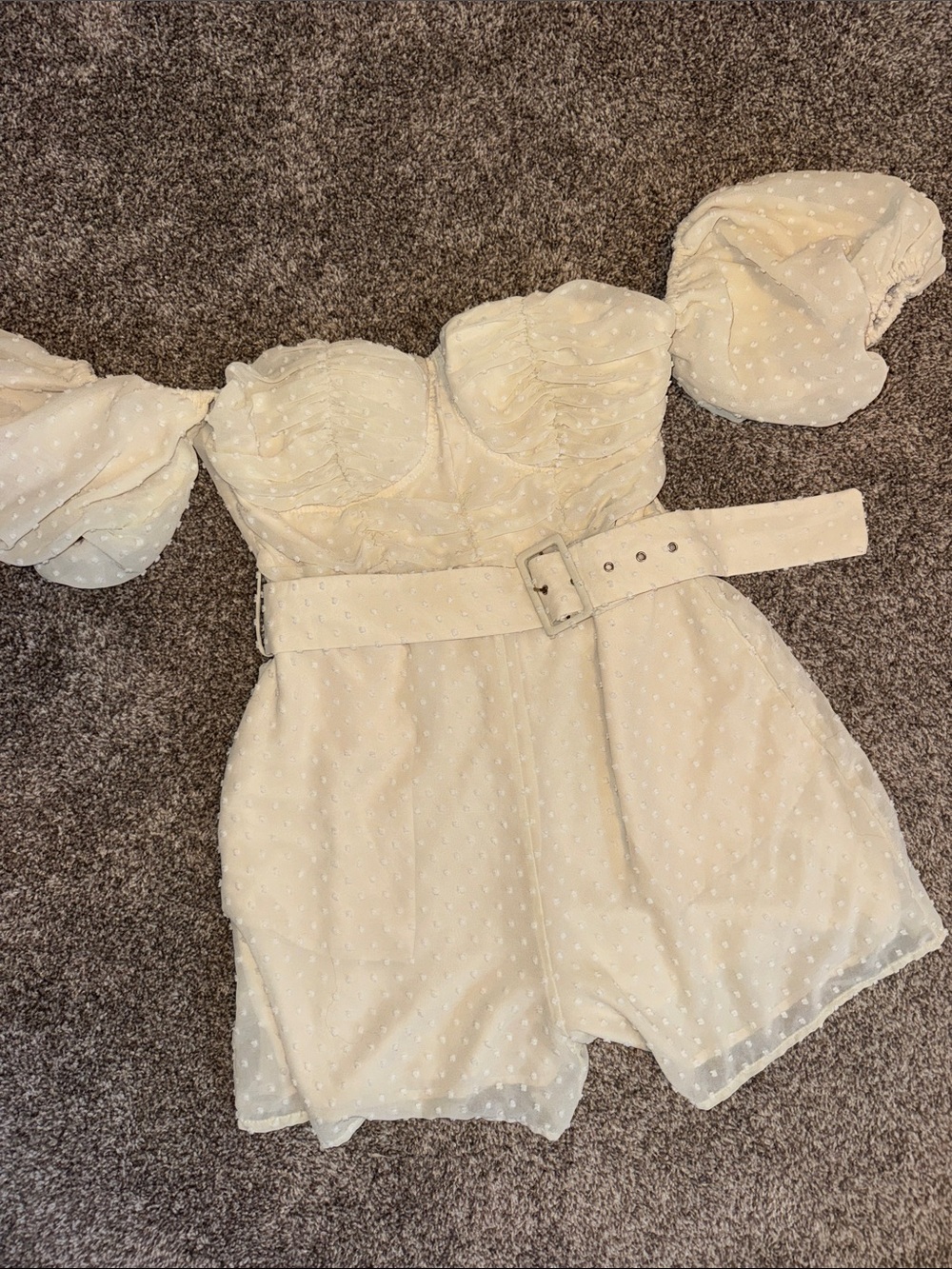 Off-Shoulder Cream Swiss Dot Romper with Self Belt